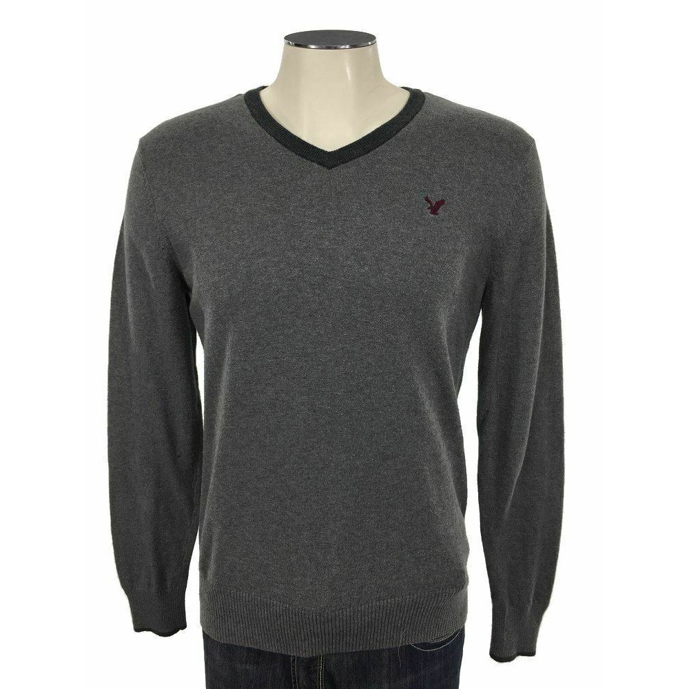 American‎ Eagle Vneck Sweater M Gray Athletic Fit Pullover Cotton Mens